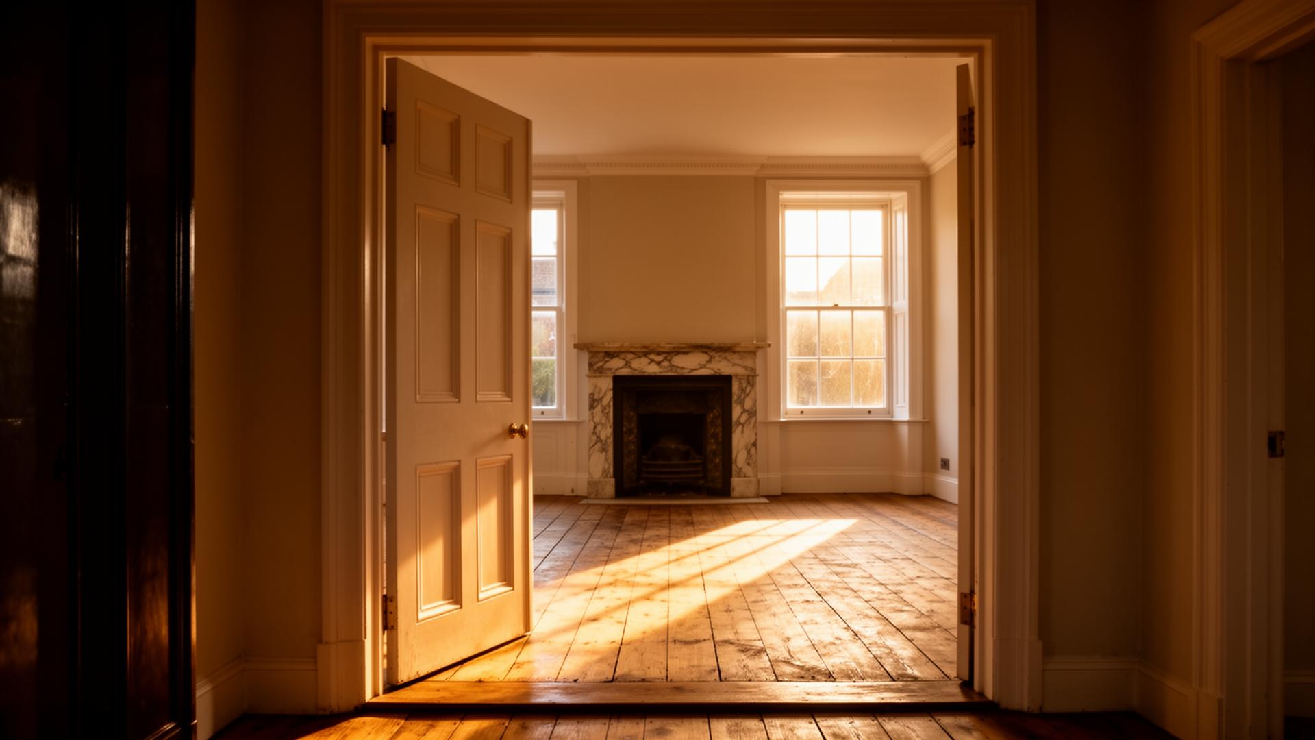 A sunlit room framed by an open doorway