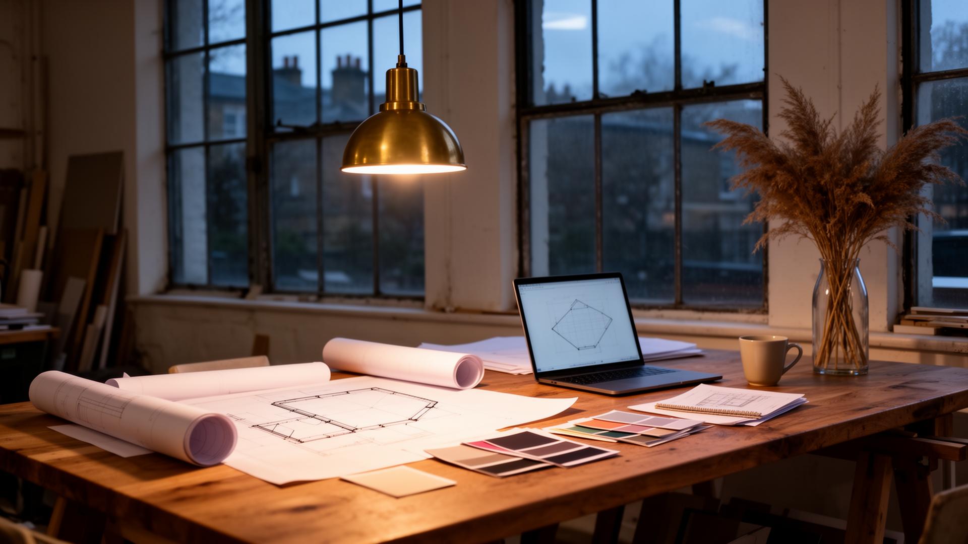 A small design studio at dusk: oak worktable lit by a single brass pendant, scattered with rolled drawings, a laptop showing plan-view geometry, swatches and dried grasses