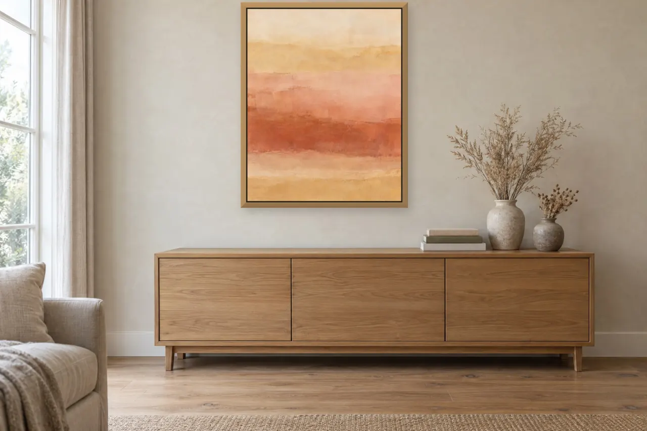 A framed abstract in ochre and rust bands above an oak sideboard with vases and dried grasses.
