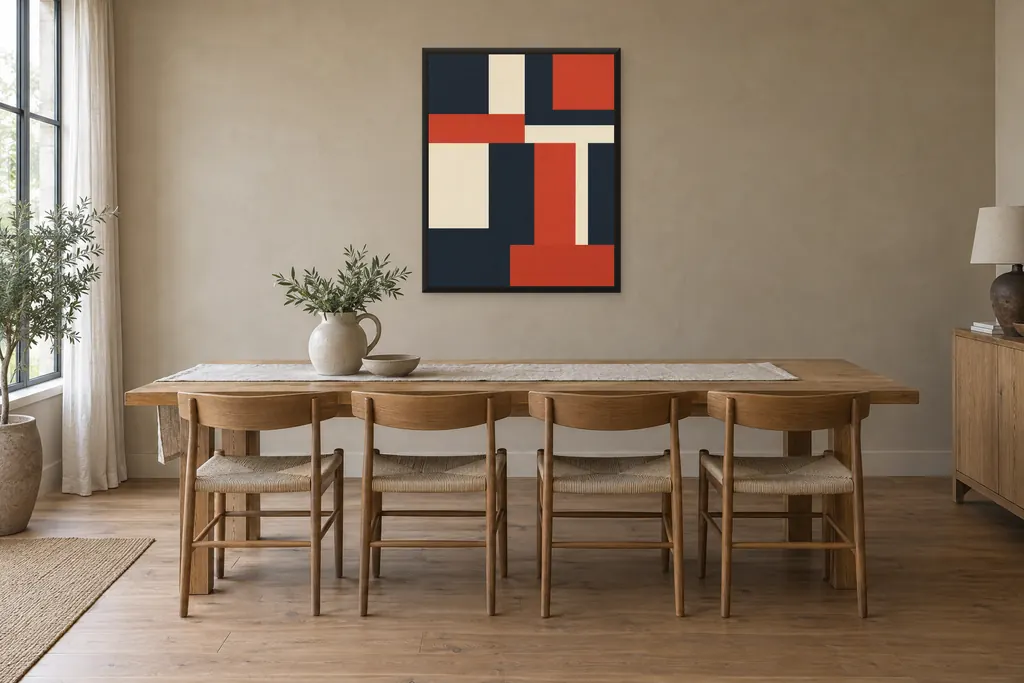 Colour Block, 56 × 70 cm, black frame, above the dining table in a dining room