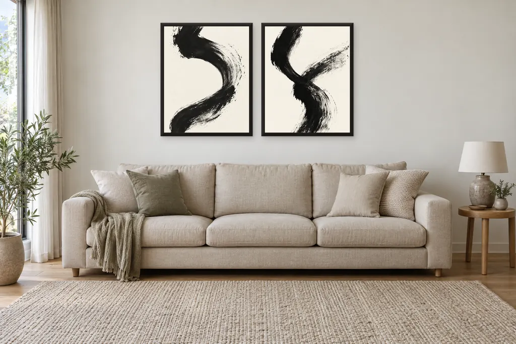 Gestural Line pair, 48 × 60 cm each, black frames, above the sofa in a living room