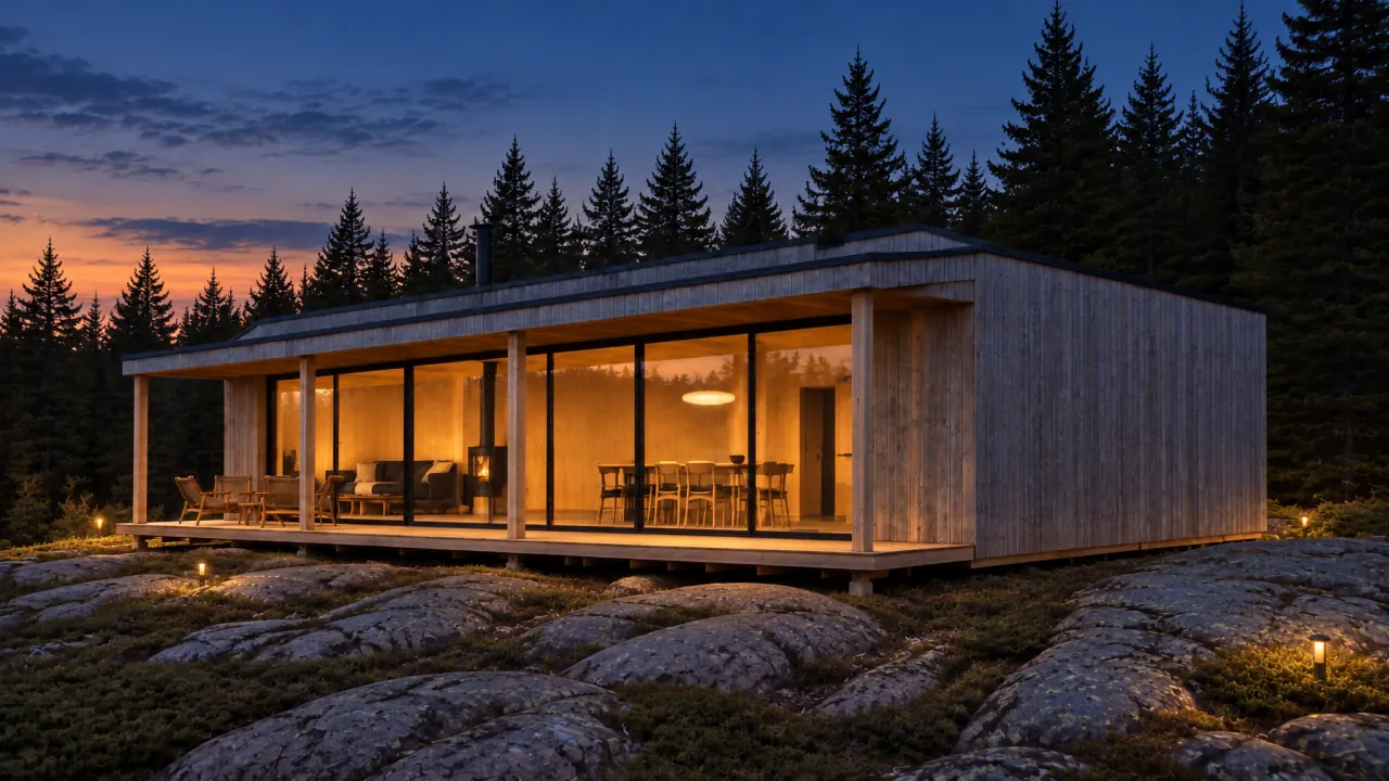 A cedar house at dusk, its glazed frontage lit above rock ledges and evergreen forest.