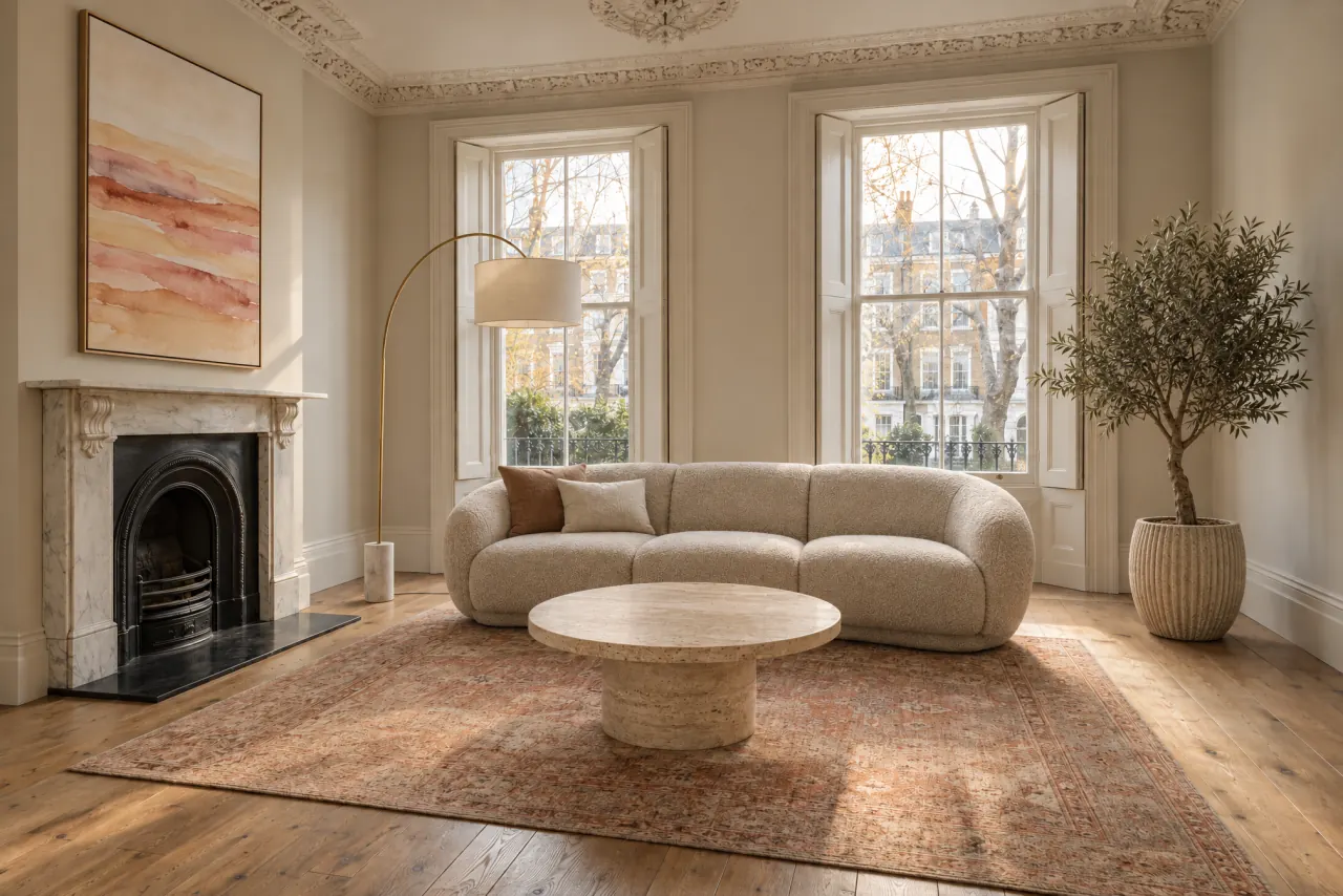 A Georgian sitting room with a curved bouclé sofa, a travertine table and a Persian rug in winter light.