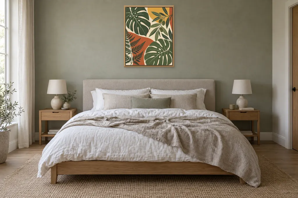 Modernist Leaf, 56 × 70 cm, natural oak frame, above the bed in a bedroom