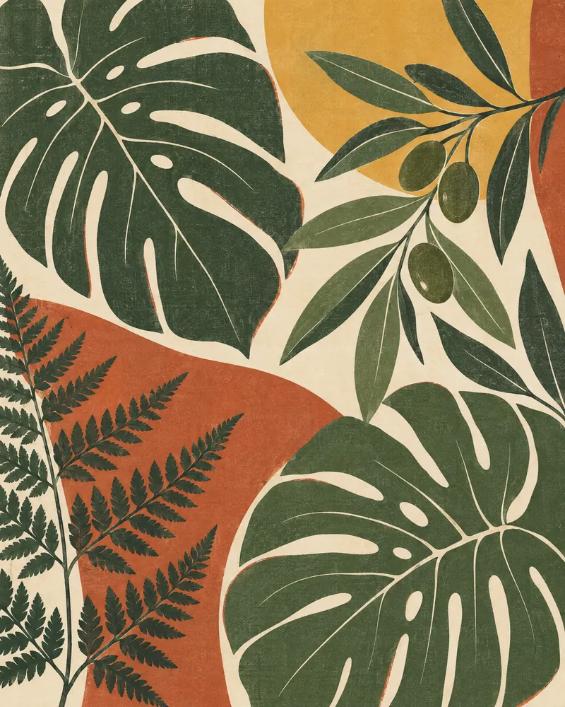 Modernist Leaf — Mid-century botanical — cut shapes, calm palette