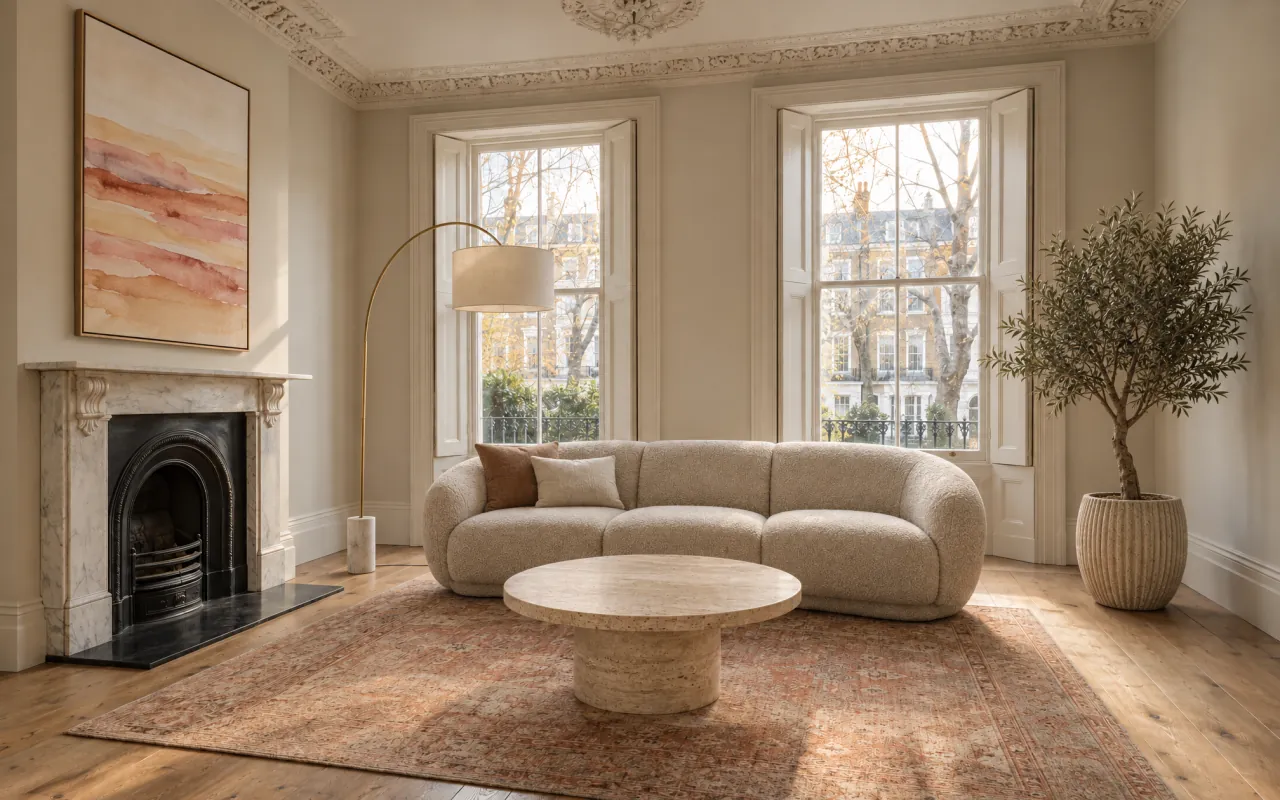 The same living room designed in the Modern Organic style