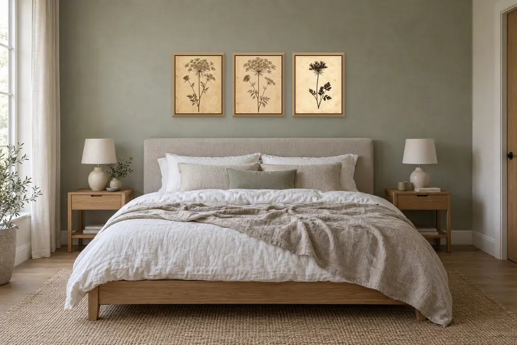 Pressed Flora set of three, 32 × 40 cm each, natural oak frames, above the bed in a bedroom