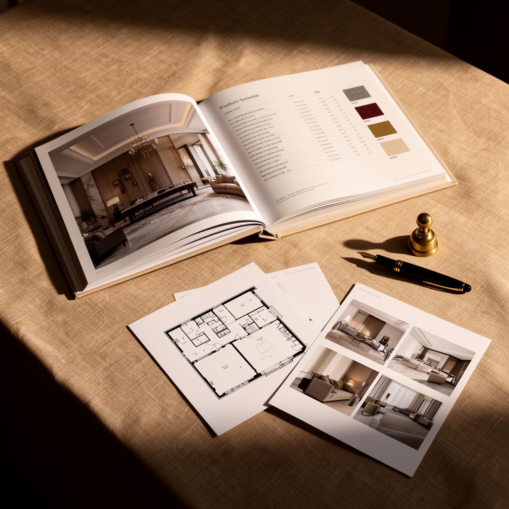 A sample client presentation book with a render and a product schedule