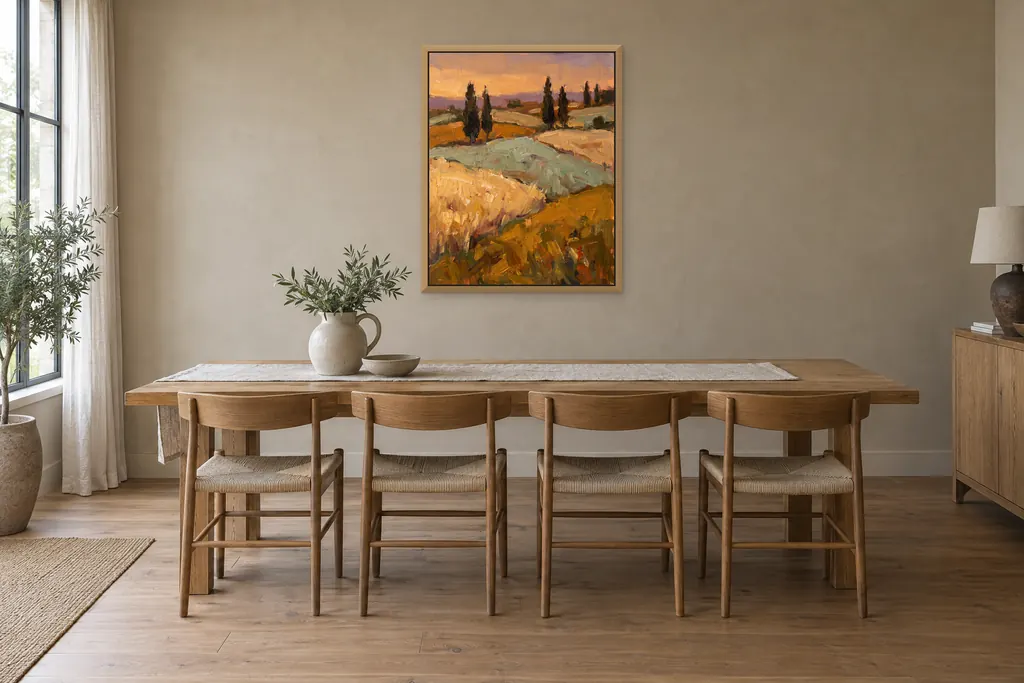 Rolling Fields, 56 × 70 cm, natural oak frame, above the dining table in a dining room