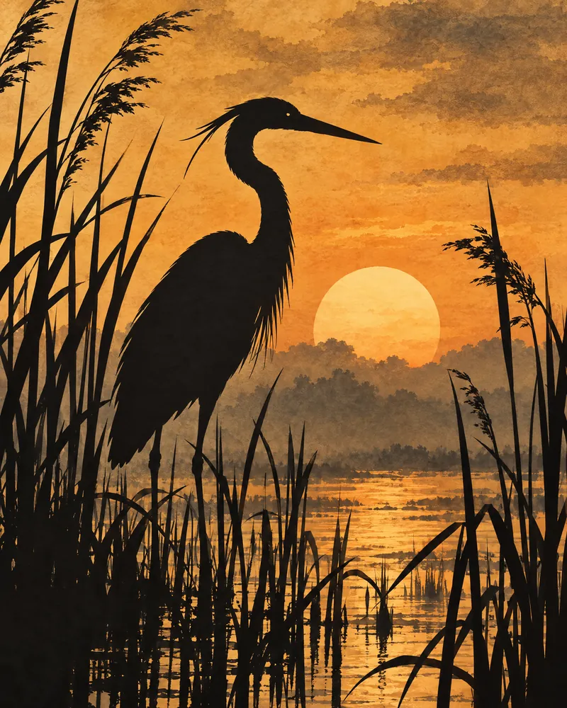 Shadow Form — Crisp silhouettes, like a heron at dusk, against a glowing field