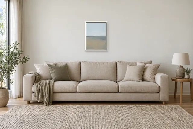 Horizon Band, 12 × 16 in, white frame, above the sofa in a living room