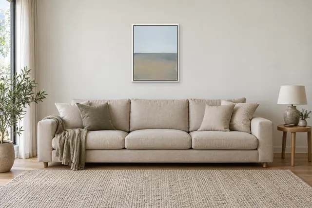 Horizon Band, 16 × 20 in, white frame, above the sofa in a living room
