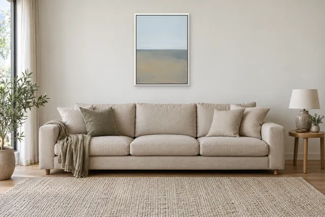 Horizon Band, 18 × 24 in, white frame, above the sofa in a living room