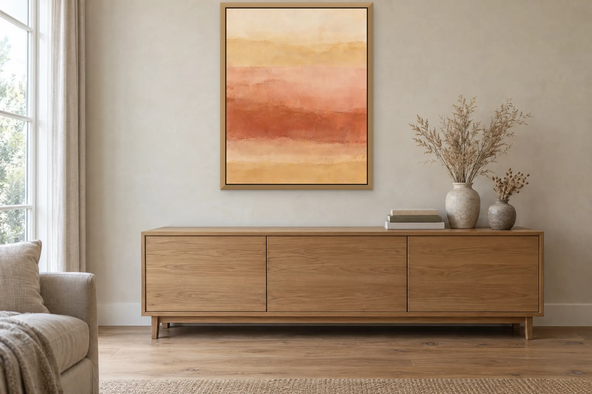 Soft Fields, 56 × 70 cm, natural oak frame, above the sideboard in a living room