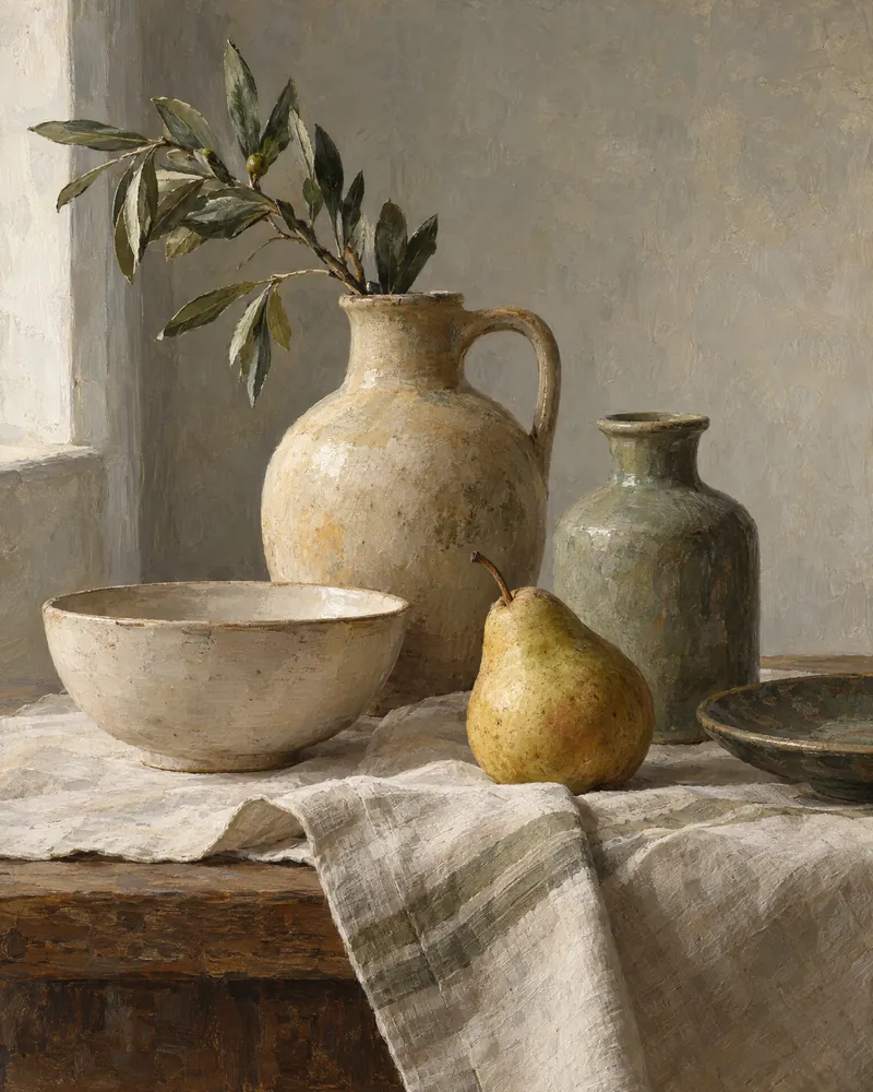 Still Life — Painted vessels and fruit in quiet northern light