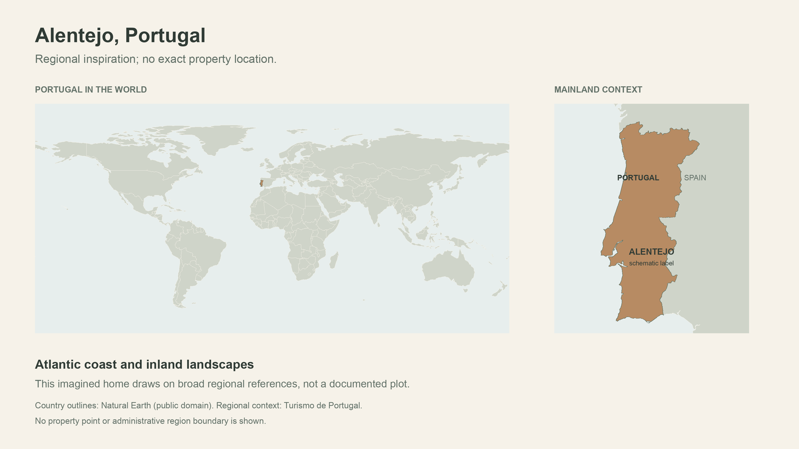 Portugal highlighted on a world map and mainland inset, with a schematic Alentejo label and no property point.
