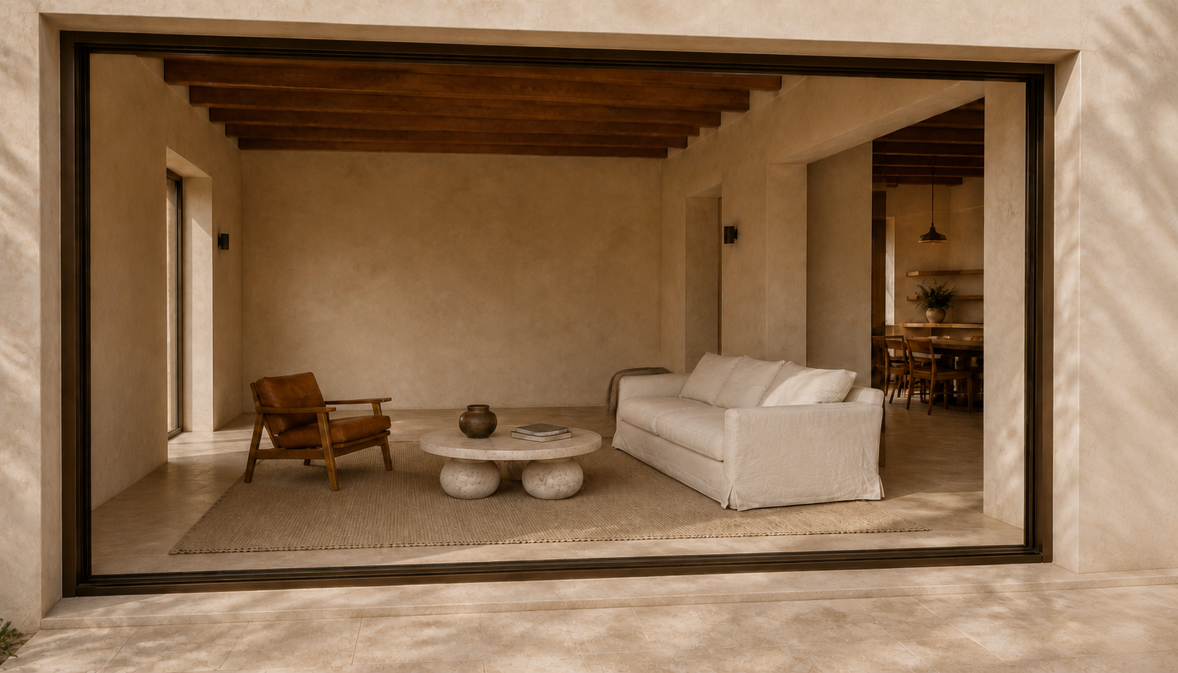Living room seen inward from the garden court.