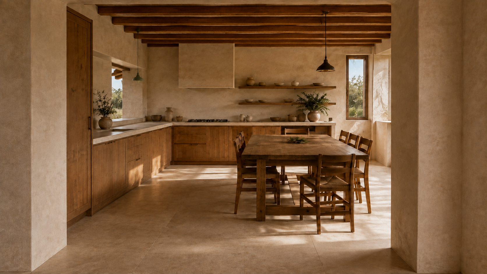 Timber dining table within the perimeter kitchen.