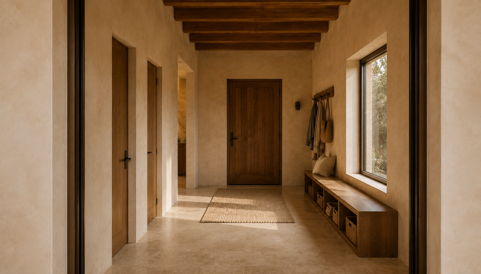 Entry hall with timber doors, a bench and basket storage.
