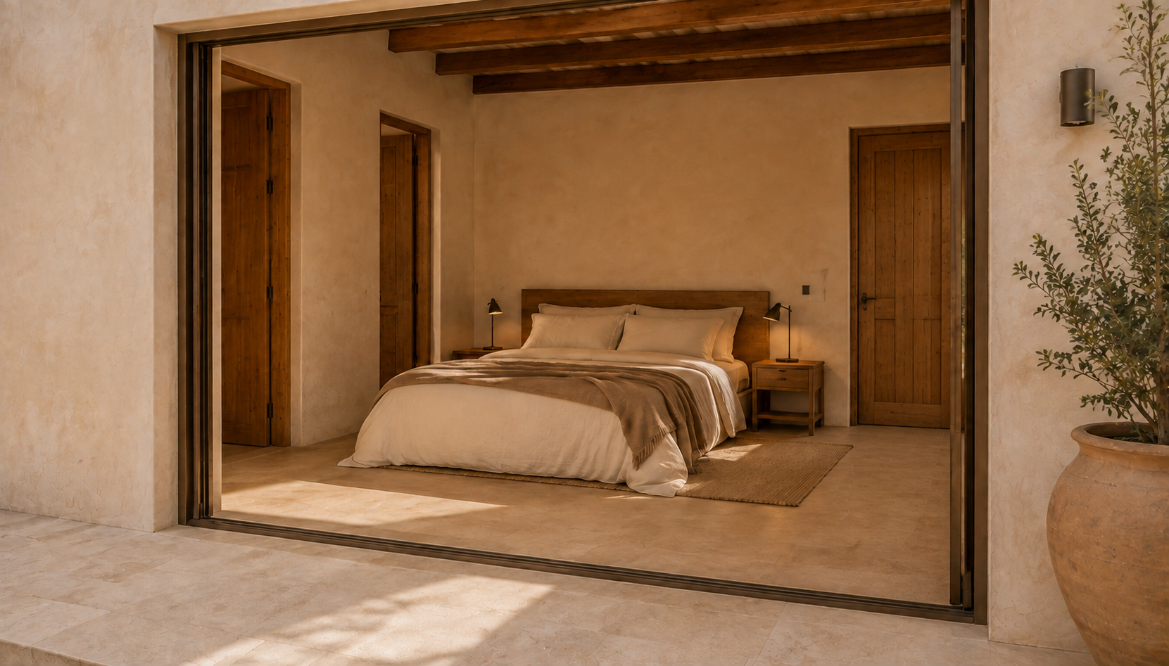 Main bedroom with layered linen and timber bedside tables.