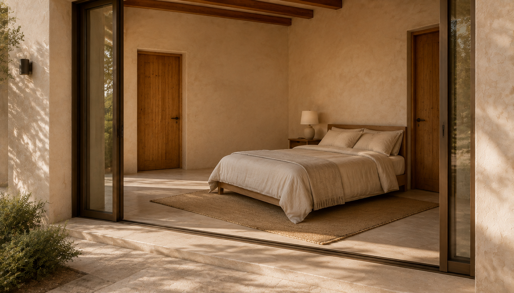 Guest bedroom with ecru bedding and one bedside table.