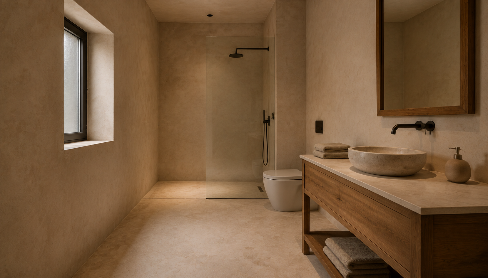 Main ensuite with timber vanity, bowl basin and screened shower.