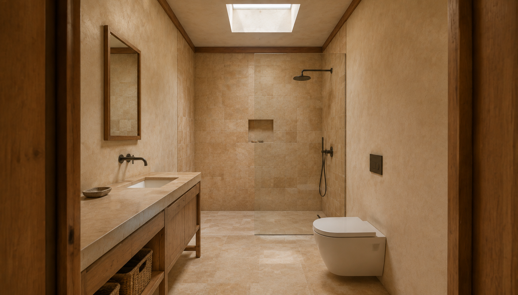 Shared bathroom with an inset basin and a ceiling rooflight.