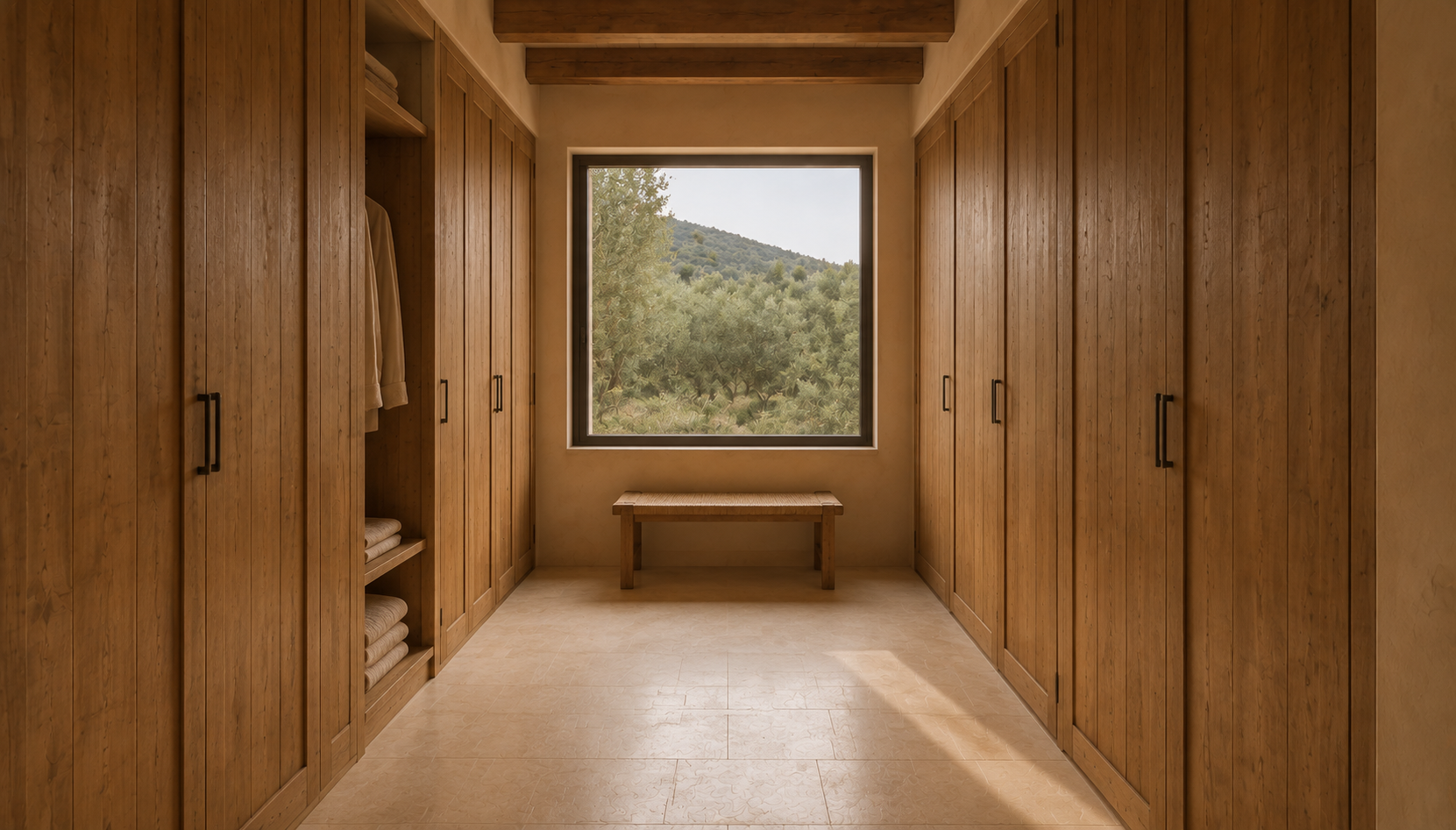 Dressing room with timber wardrobes, an open linen bay and a far window.
