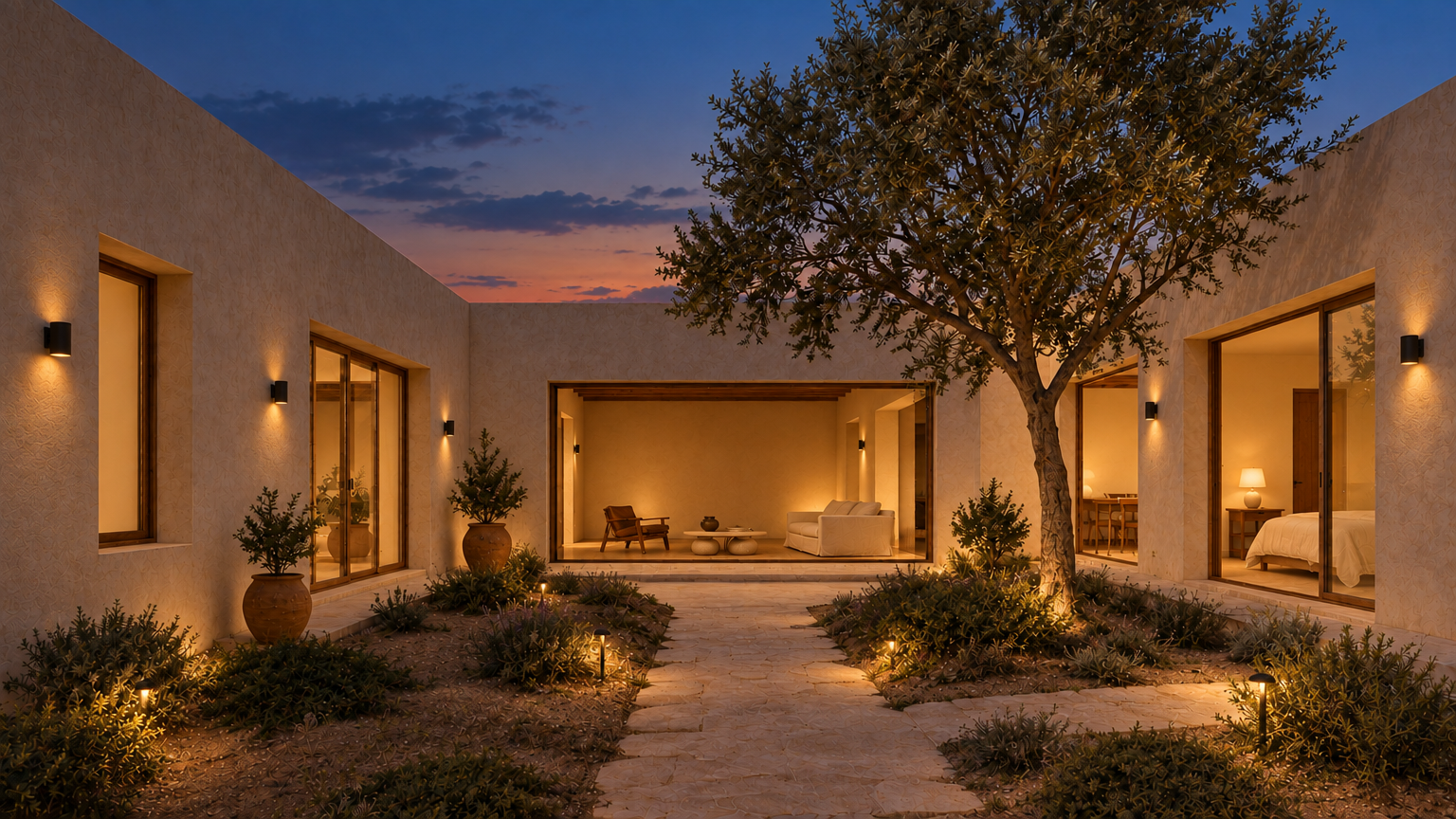 Courtyard return at dusk, with wall lights on the plaster wings, low path lights and the lamplit living room at the end of the stone path.