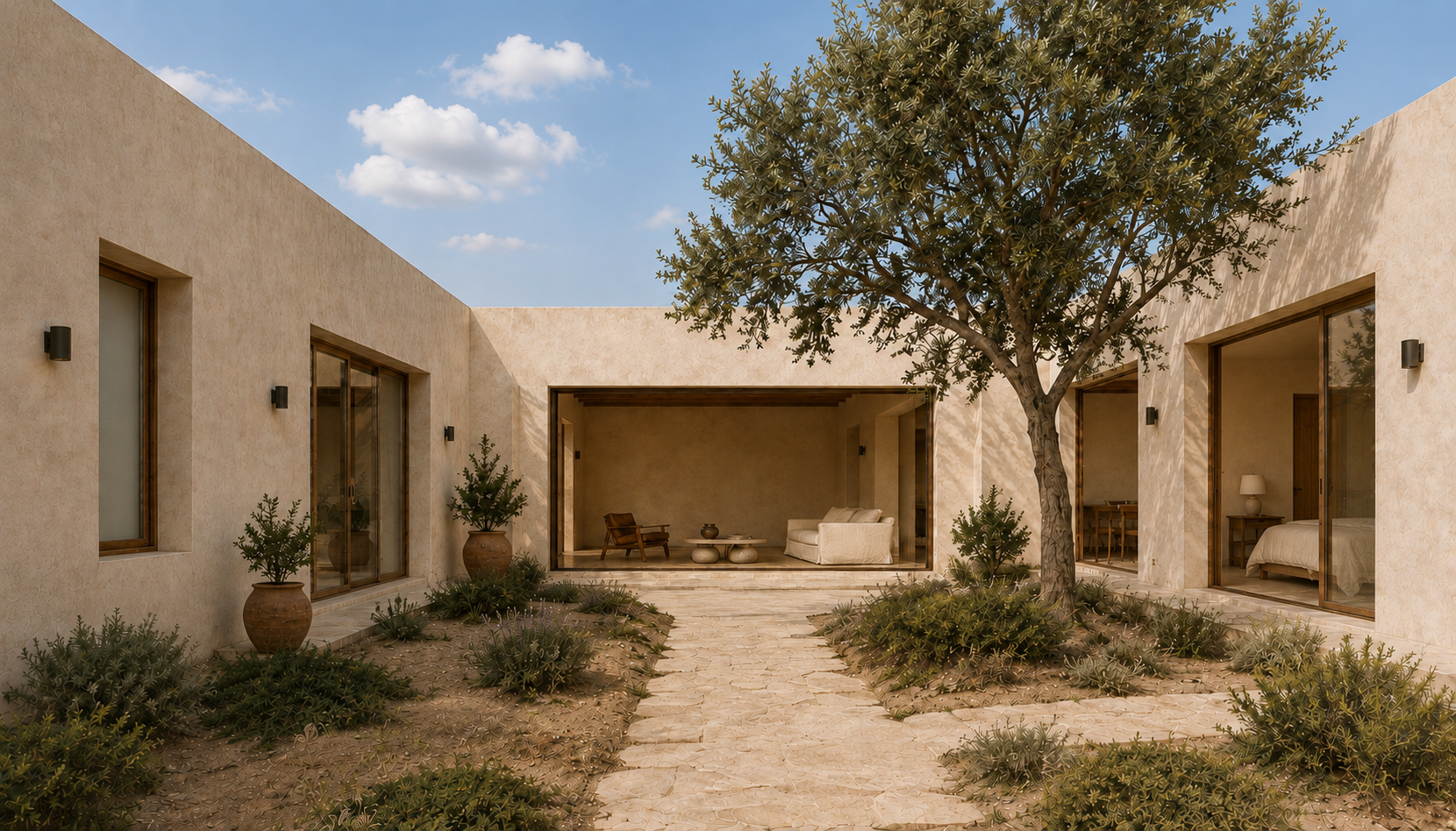 Courtyard return looking towards the living room between the two private wings.