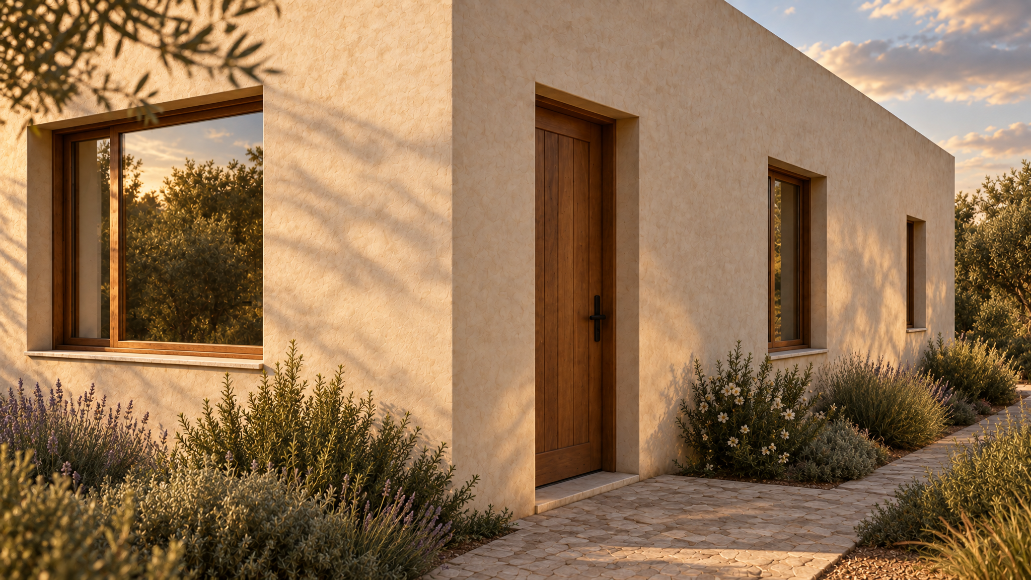 Arrival corner in late golden sun, with the timber door, front window and two passage windows, olive-branch shadows across the plaster and lavender and rosemary along the stone path.