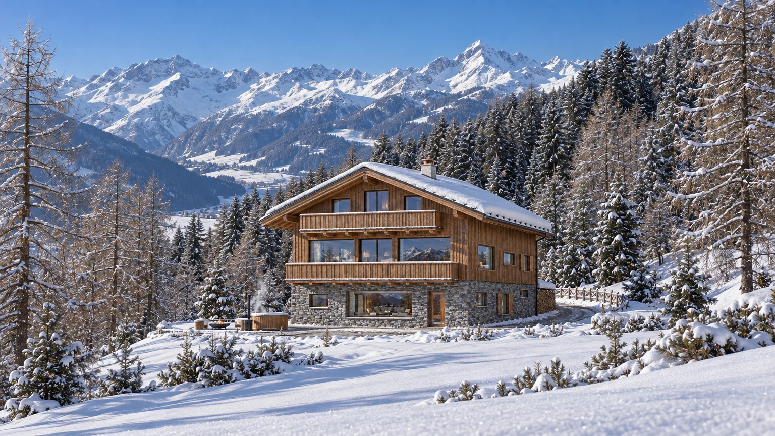 AI-generated Concept: a larch chalet with a grey stone base and two balconies sits on a snowy meadow among bare larches and spruce, beneath white peaks.