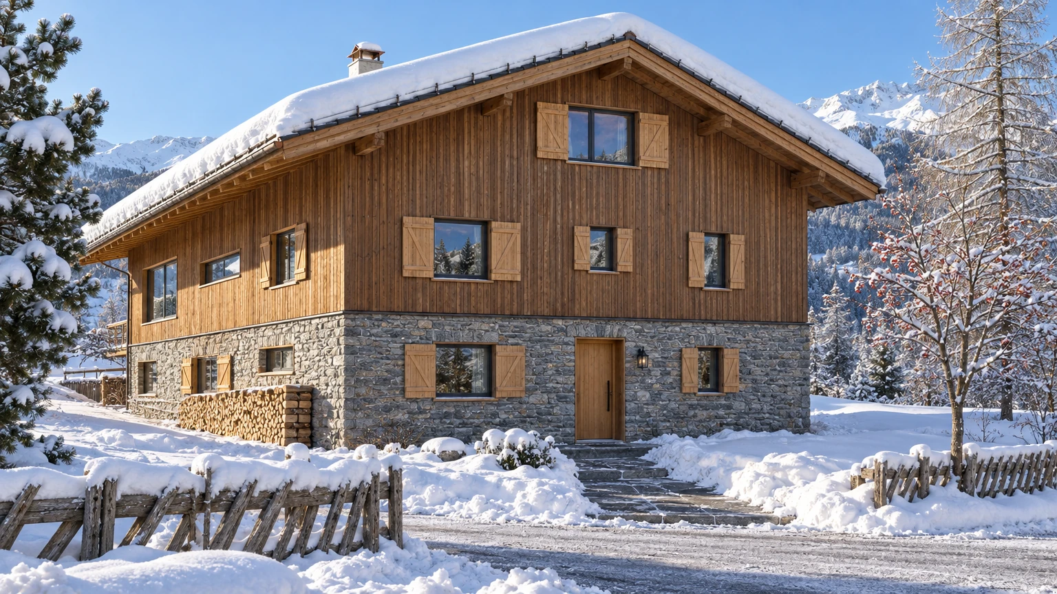 AI-generated Concept: the chalet's lane side, with a plain larch door and lantern in a grey stone base, shuttered windows, stacked logs and a snow-capped timber fence.