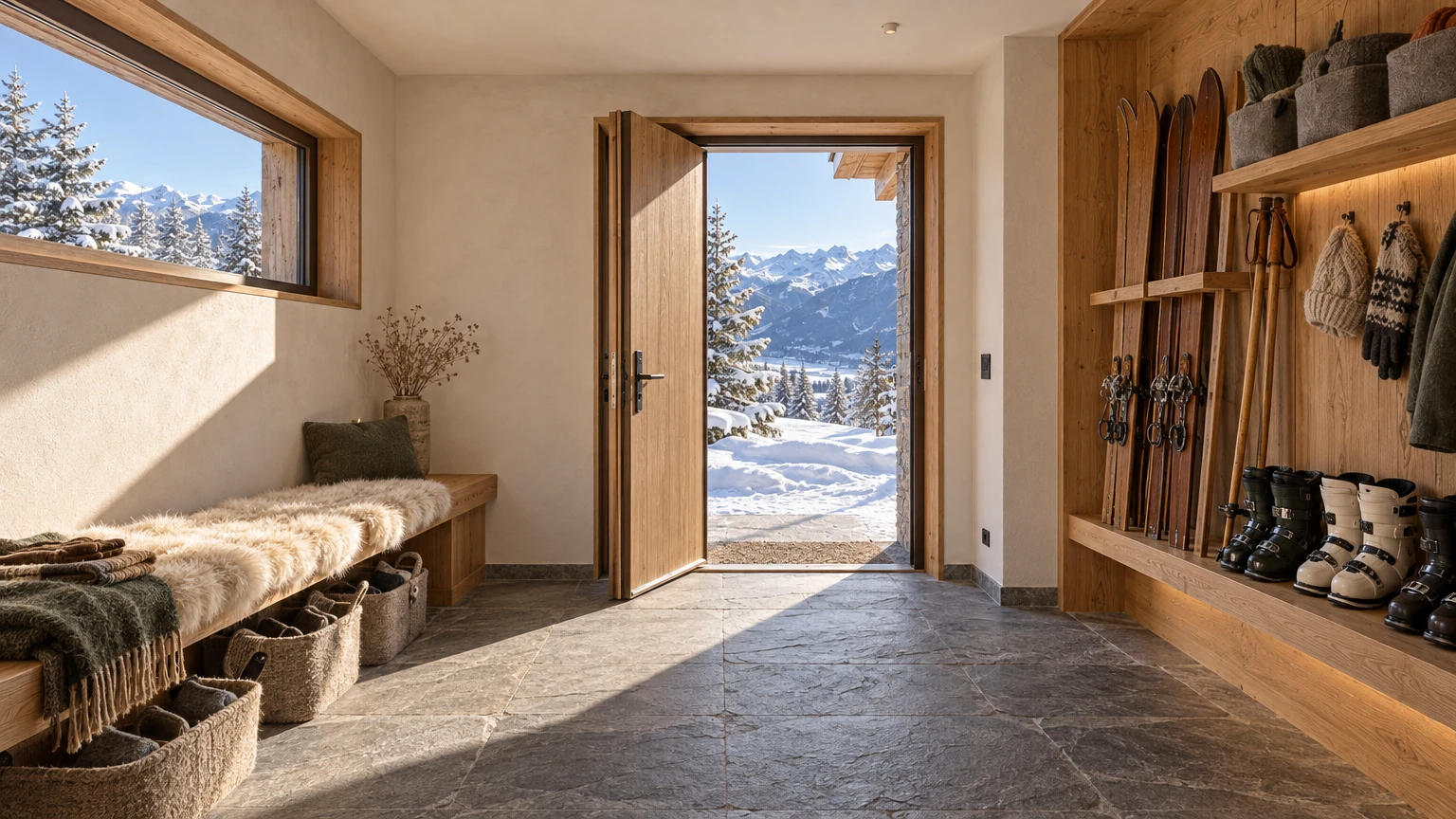 AI-generated Concept: a boot room of grey stone flags with a sheepskin-covered bench, a timber wall of wooden skis and boots, and the door open to snow.