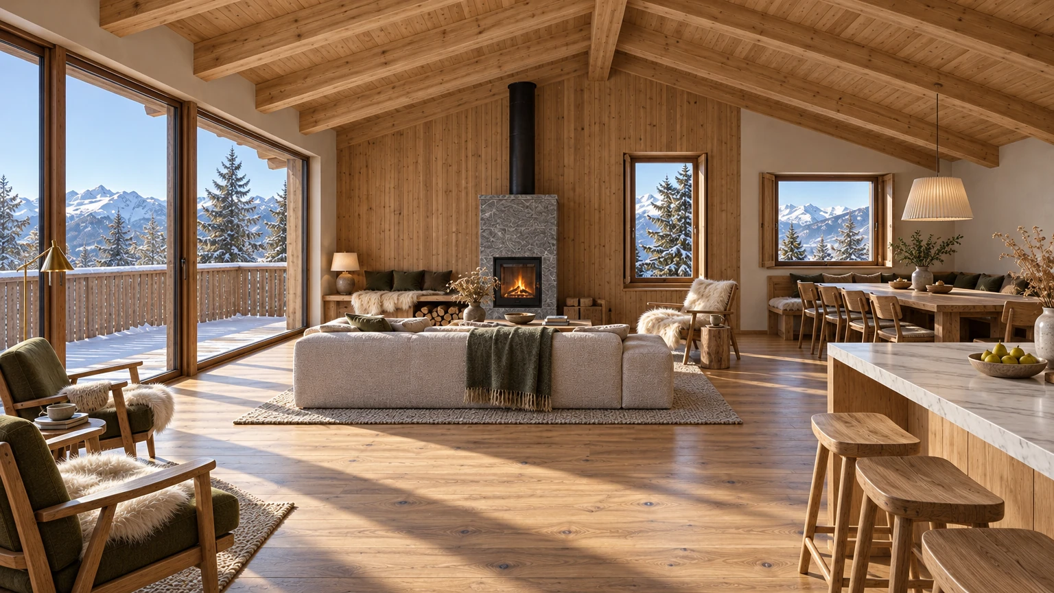 AI-generated Concept: an oatmeal sofa and sheepskin-draped lounge chairs face a stone-clad stove against larch boards, beneath exposed beams, with snowy peaks through tall glass.