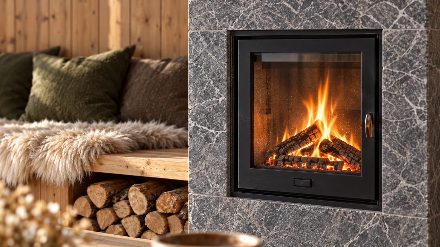 AI-generated Concept: flames behind the glass door of a grey stone stove, beside a larch bench with a sheepskin, green cushions and stacked logs beneath.