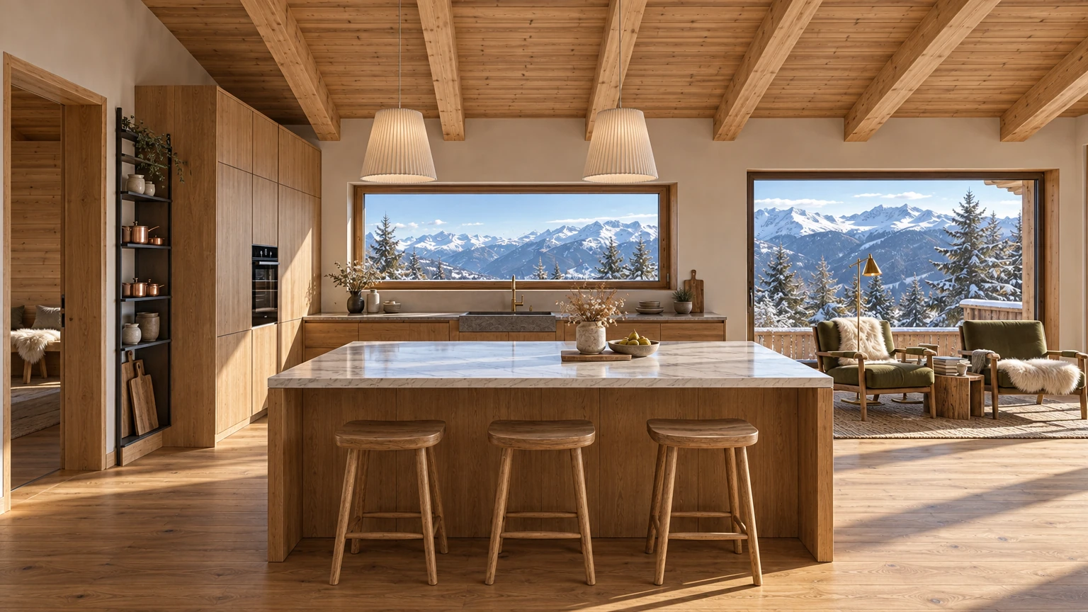 AI-generated Concept: an oak kitchen island with a white marble top and three wooden stools, beneath pleated pendants, facing a wide window of snowy mountains.