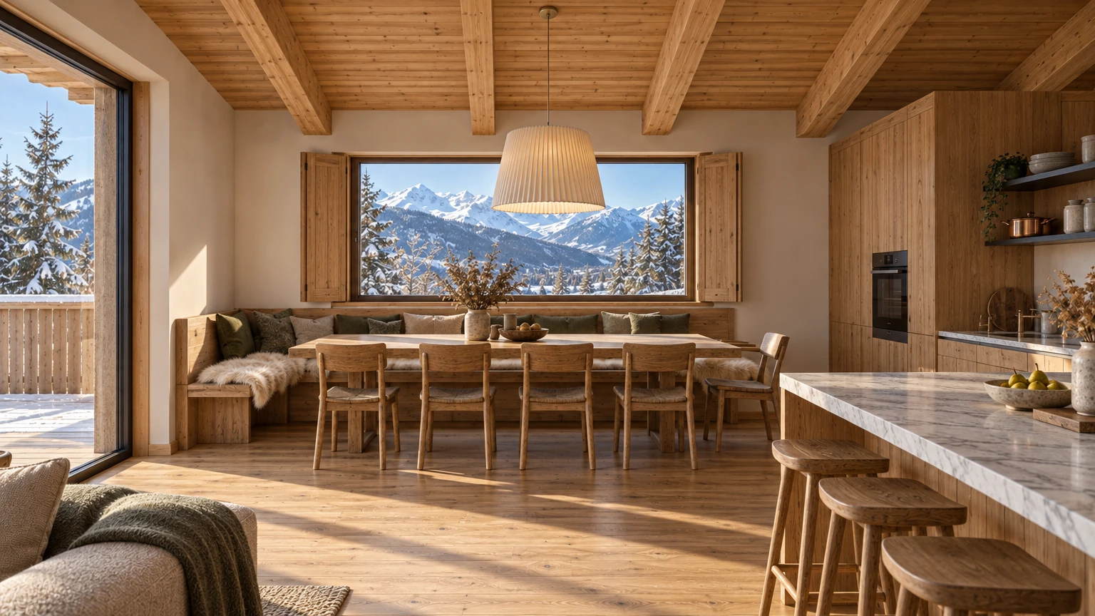 AI-generated Concept: a built-in larch corner bench with sheepskins and green cushions wraps a long table beneath a shuttered window framing white peaks.