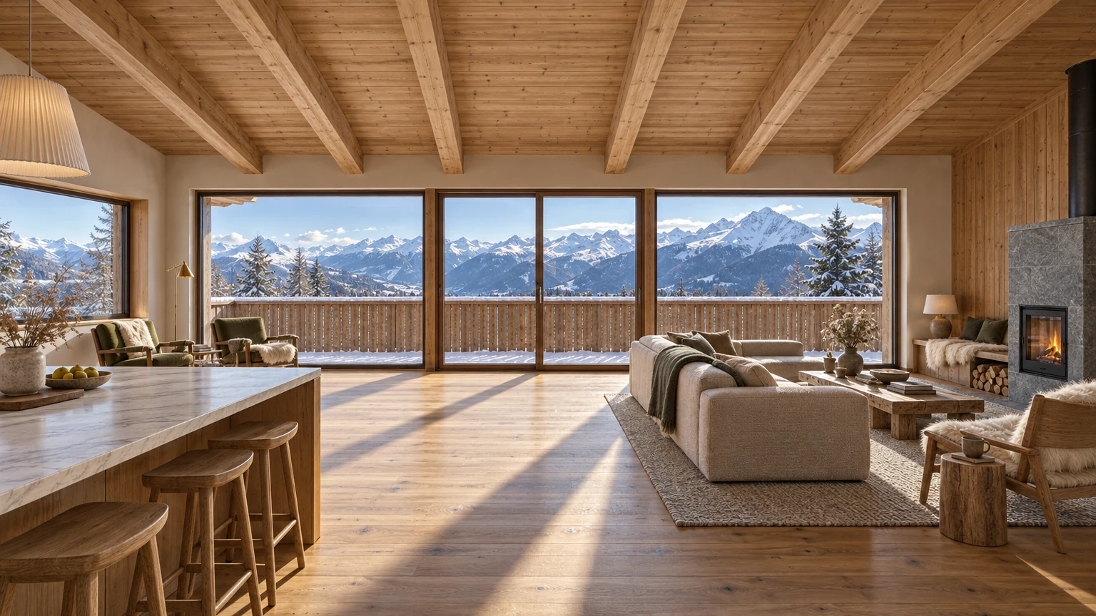 AI-generated Concept: a long larch-beamed living room runs past a marble island and oatmeal sofa to three tall glass bays opening onto a snowy balcony and peaks.