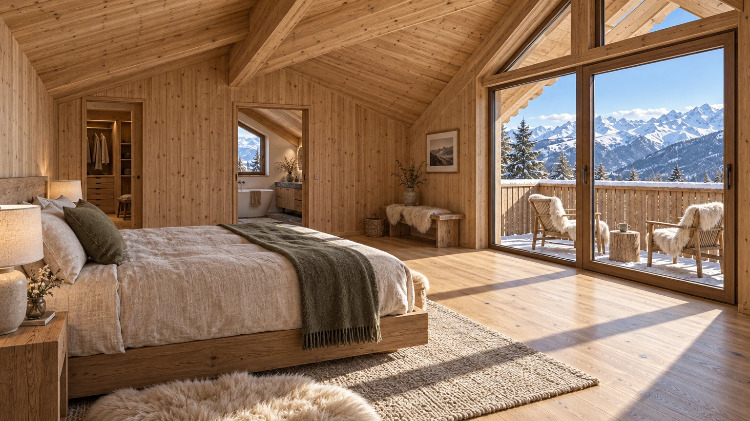 AI-generated Concept: a larch-lined attic bedroom with a low timber bed in linen and a green throw, beside a glazed door to a snowy balcony.