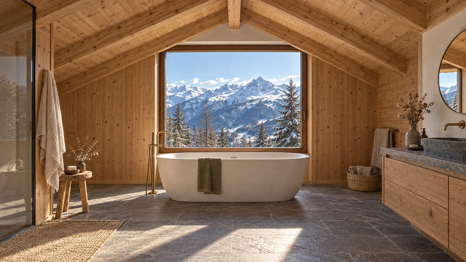AI-generated Concept: a freestanding pale bath stands beneath a large gable window of snowy peaks, in a larch-lined room with a grey stone floor.