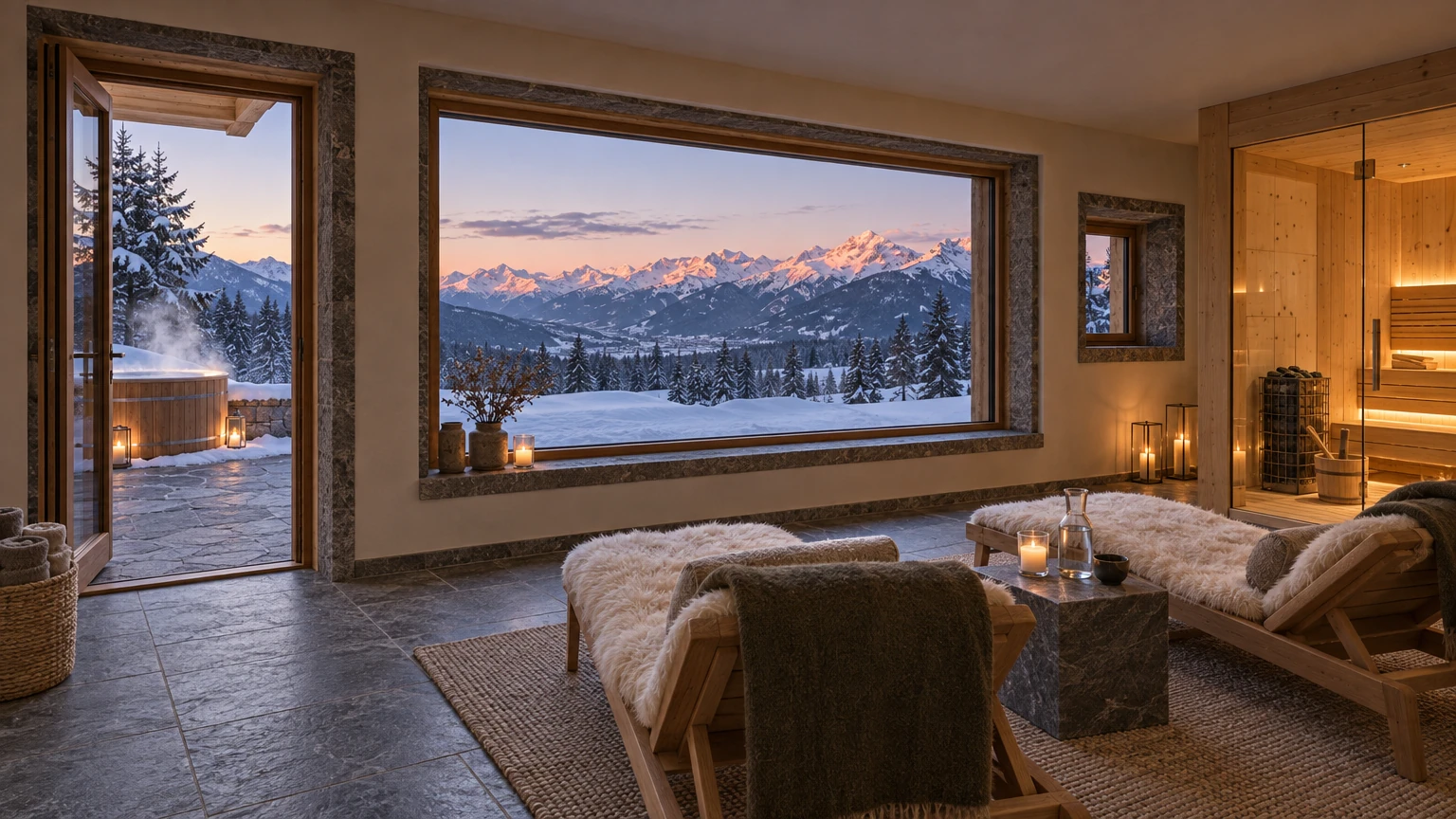 AI-generated Concept: two sheepskin-draped loungers face a picture window of rose-lit peaks in a stone spa, with a glowing pine sauna and a door to a hot tub.