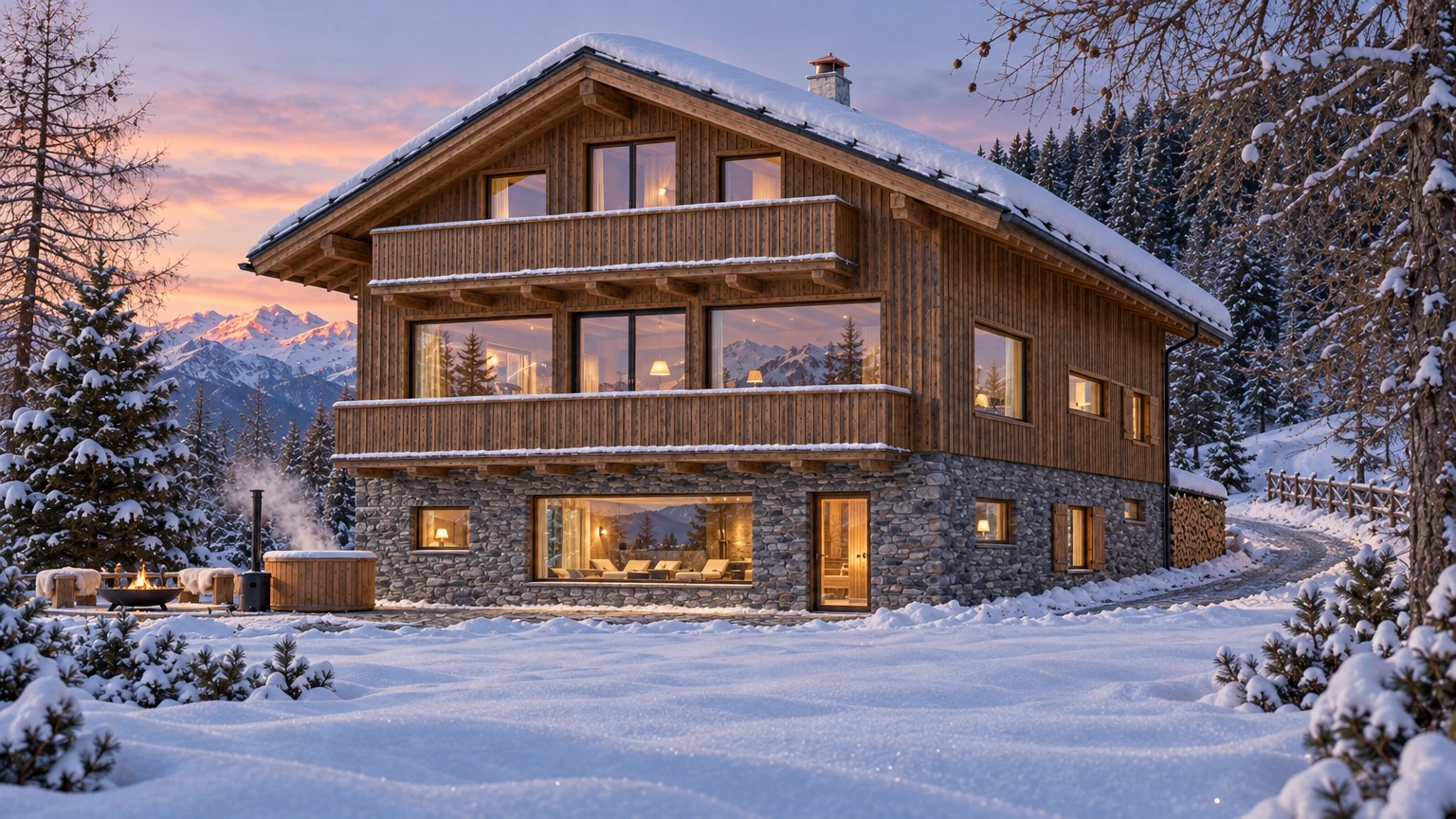 AI-generated Concept: at dusk the larch chalet's glazed gable and balconies glow above a lit stone ground floor, with a hot tub and fire bowl on the terrace.