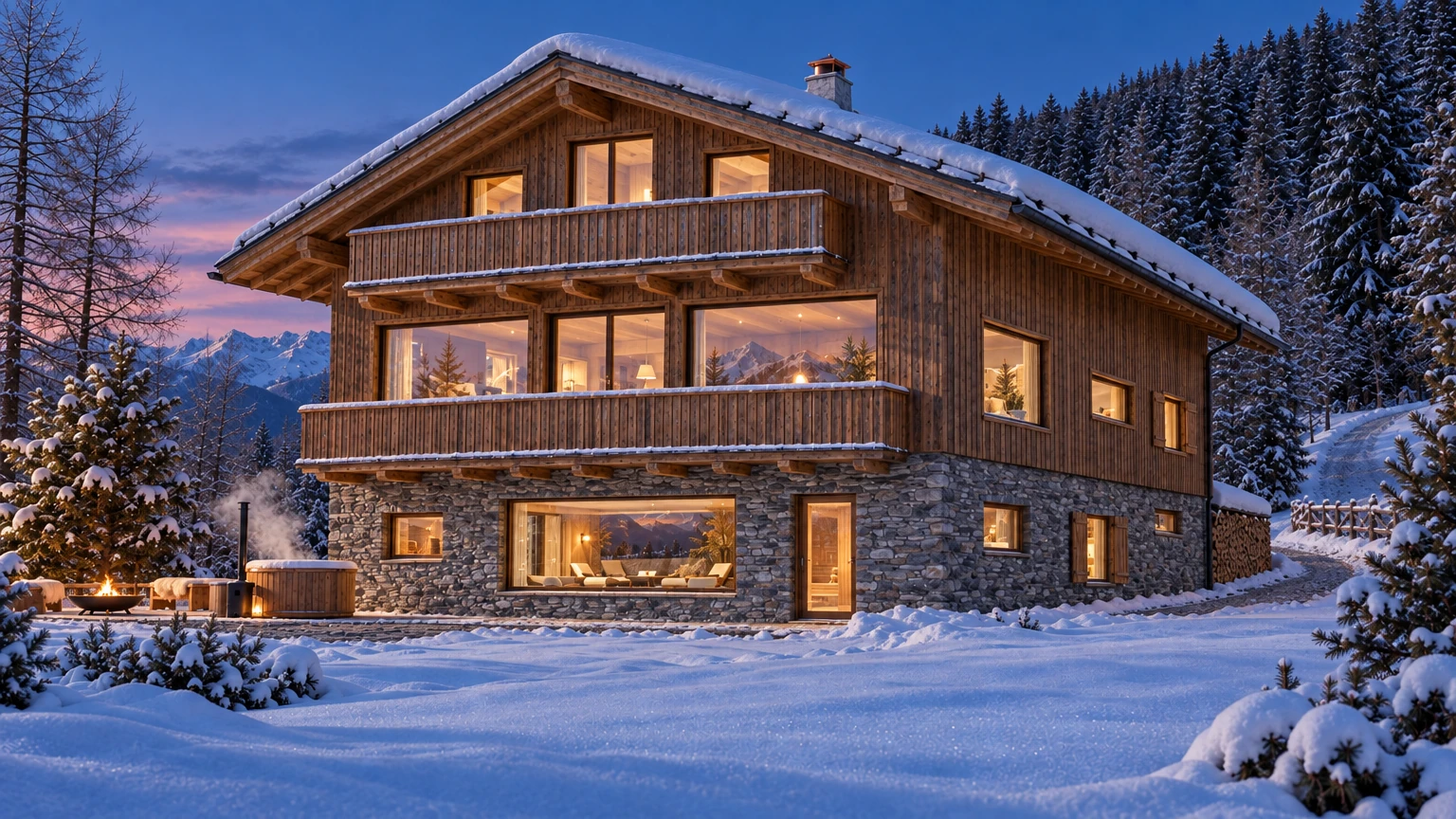 AI-generated Concept: at blue hour the snow-covered chalet glows warm through its large windows, a fire bowl and hot tub lit beside it, forest and peaks behind.