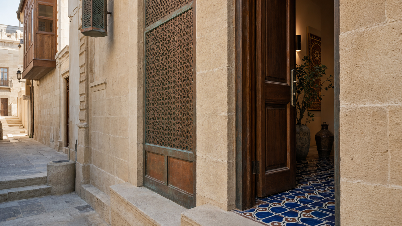 Old-city lane of limestone walls with a carved patinated lattice screen and an open walnut street door onto a cobalt-and-white tiled threshold, and a timber balcony further along the lane.