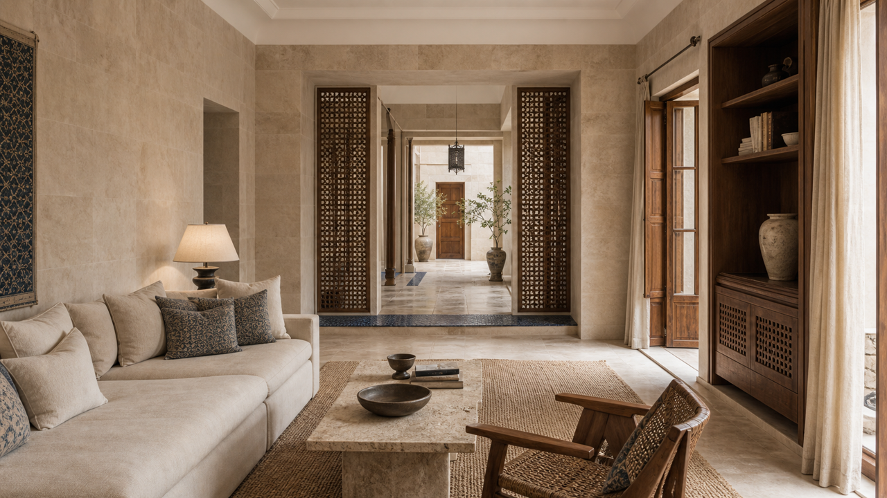 Limestone living room with a cream sofa, stone coffee table and woven armchair, looking through carved walnut lattice screens across a blue tile threshold to a walnut door.