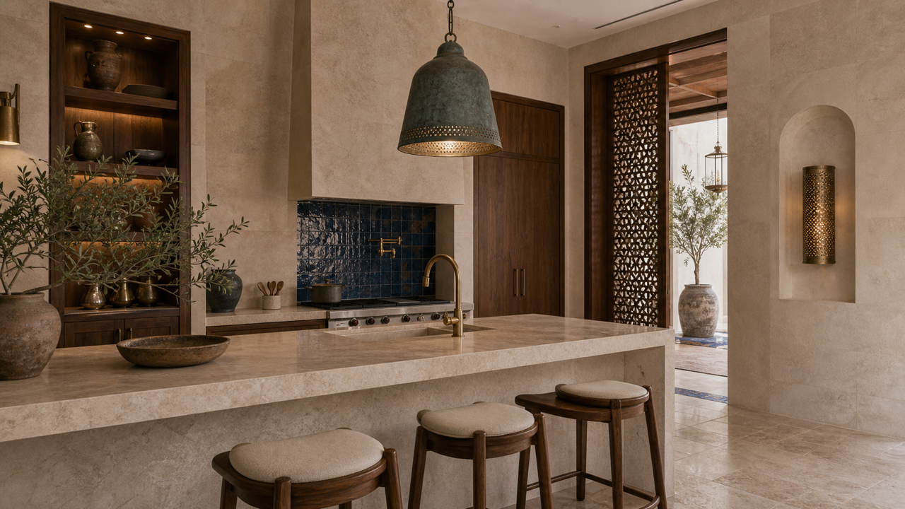 Kitchen with a limestone island and three walnut stools beneath a patinated copper pendant, a cobalt glazed-tile splashback, walnut cabinetry and a lattice-screened doorway to the court.