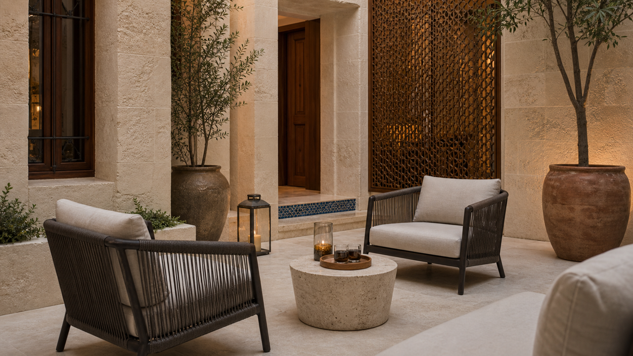 Shaded limestone courtyard with two woven lounge chairs around a round stone table, olive trees in clay jars, a lantern, a carved lattice screen and a walnut door above a blue tile step.