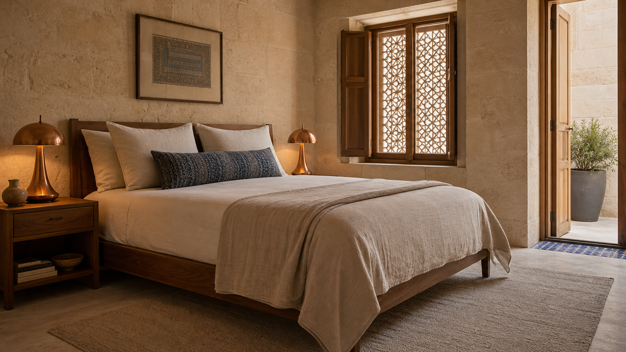 Main bedroom with limestone walls, a walnut bed in linen with a navy lumbar cushion, two copper lamps, carved lattice shutters and an open door to a small planted court.