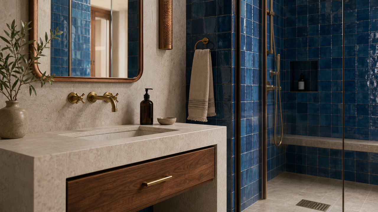 Limestone vanity with a walnut drawer and brass wall taps beneath a copper-framed mirror, beside a walk-in shower lined in cobalt glazed tile.